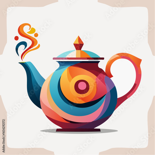 A vibrant, colorful teapot illustration with swirling patterns and steam, perfect for beverage and kitchen concepts.
