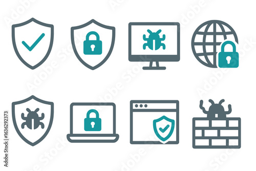 Security icons representing online safety and protection measures in a digital environment with a focus on cybersecurity