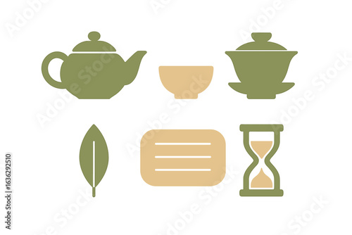 Elegant tea preparation elements in a minimalist design showcasing teapot, cups, and tea leaf