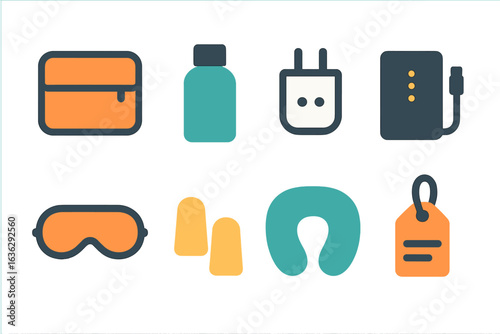 Travel essentials include a bag, bottle, charger, power bank, sleep mask, earplugs, neck pillow, and luggage tag for comfortable journeys