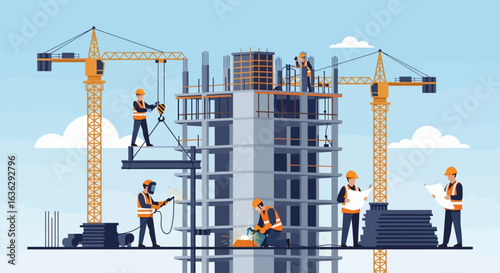 Construction site with workers, cranes, and a building under construction