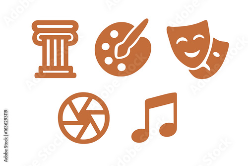 Creative arts icons representing various fields of expression including architecture, painting, photography, theater, and music