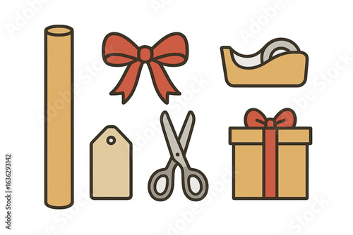 Gift wrapping essentials with ribbons, scissors, and tape displayed on a white background