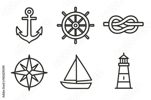 Nautical symbols representing seafaring elements including anchor, compass, ship wheel, sailboat, and lighthouse artfully designed
