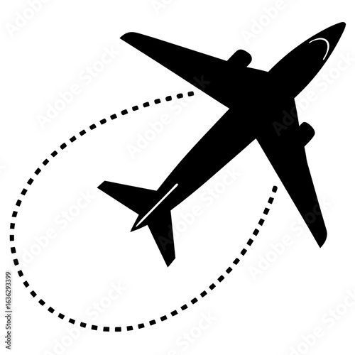Airplane flying with dotted line path silhouette vector illustration