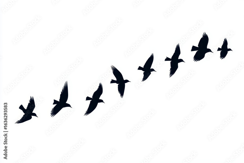 Fototapeta premium Silhouette of flying birds in motion against white background, creating sense of freedom and grace. birds appear to be soaring through air, showcasing their wings in various positions