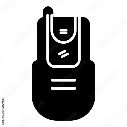 Solid black glyph shows a handheld two-way radio or walkie-talkie with a clip and horizontal lines. Represents direct communication or a dispatch service.