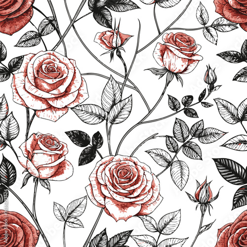 Seamless vintage floral pattern with red roses, leaves, and blossoms for a beautiful vector wallpaper design