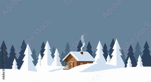 Cozy snow-covered cabin nestled among stylized evergreen trees in winter