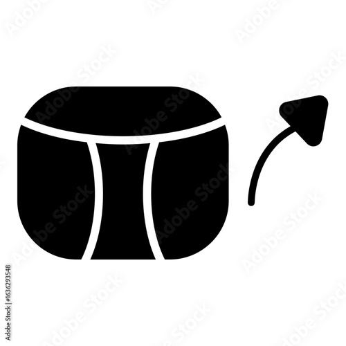 Solid black glyph shows a cylinder container with an arcing arrow pointing upwards. Represents uploading data, releasing content, or submitting information.