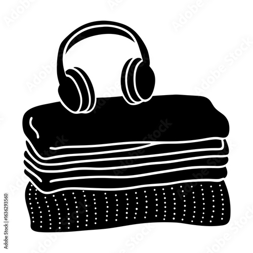 Headphones on folded clothes stack silhouette vector illustration