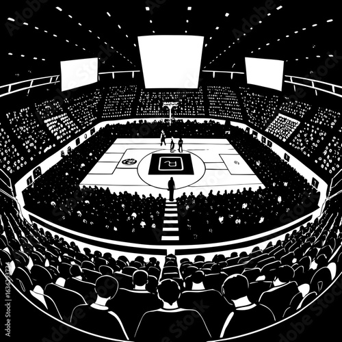 Basketball arena full of spectators silhouette vector illustration