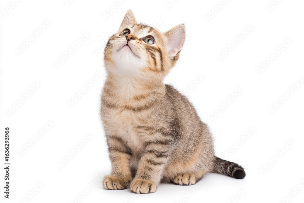 Fototapeta premium Playful tabby kitten with striking green eyes gazes upward, showcasing its soft fur and adorable features. This charming feline exudes curiosity and innocence, perfect for any cat lover
