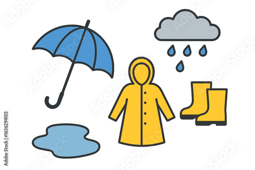 Weather elements depicted with an umbrella, raincoat, puddle, rain, and yellow boots in a simple design theme