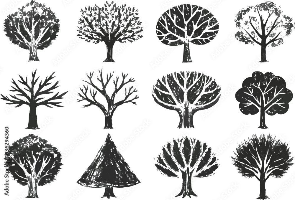 Fototapeta premium A vector illustration set of tree silhouettes with leaves and branches