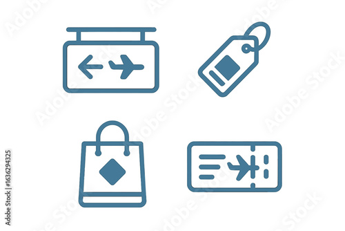 Travel symbols illustrating various aspects of air travel including luggage tags, flight signs, and boarding passes