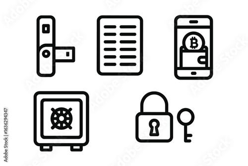 Digital security icons representing data protection, cryptocurrency storage, and safety measures in a modern context