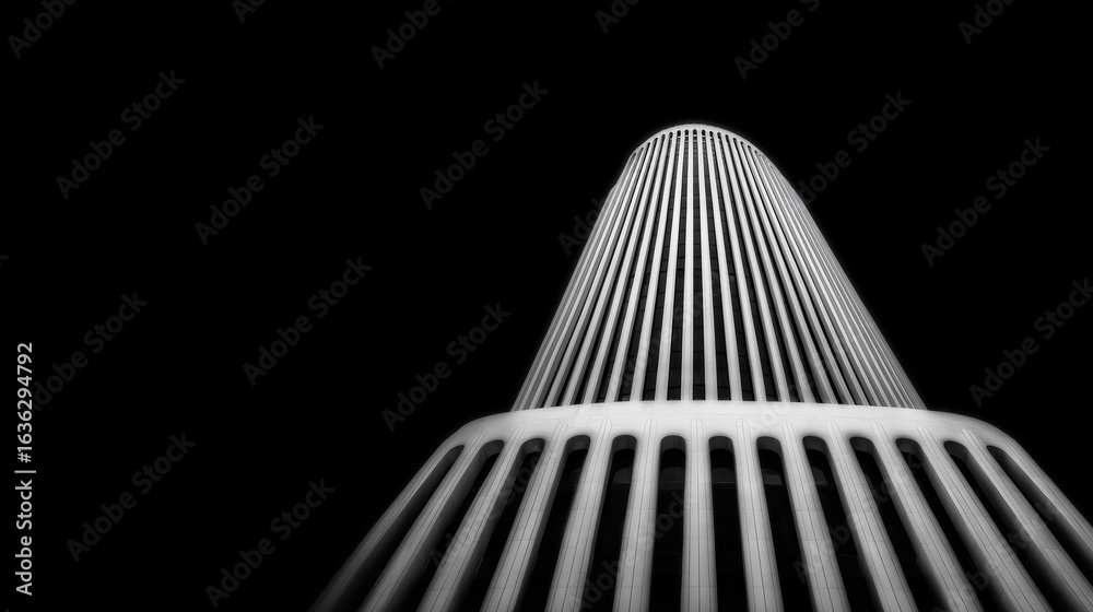 Naklejka premium Tall cylindrical building with evenly spaced horizontal columns in black and white