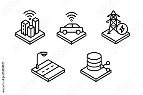 Technology icons representing smart city infrastructure and connectivity solutions for urban planning and development