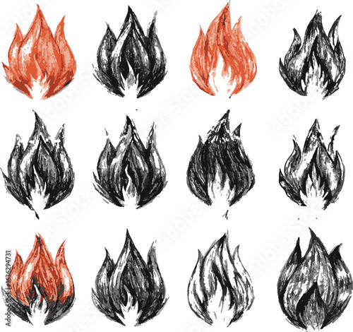 Fiery orange flame icons and symbols set for a burning hot design