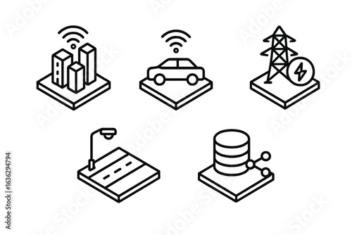 Modern urban infrastructure elements featuring smart technology and energy sources in a city layout