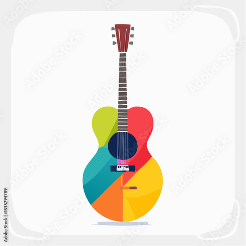 A colorful, stylized illustration of an acoustic guitar with vibrant segments.