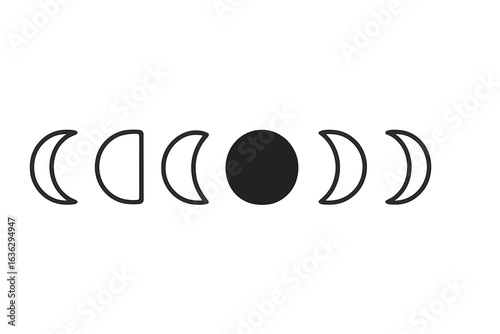 Different phases of the moon illustrated in a sleek black and white design during a clear night sky