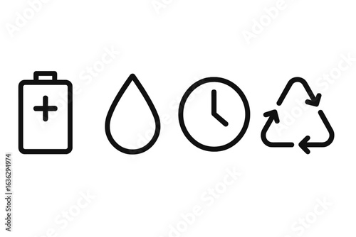 Symbols representing battery, water, time, and recycling in a simple minimalist design for environmental awareness