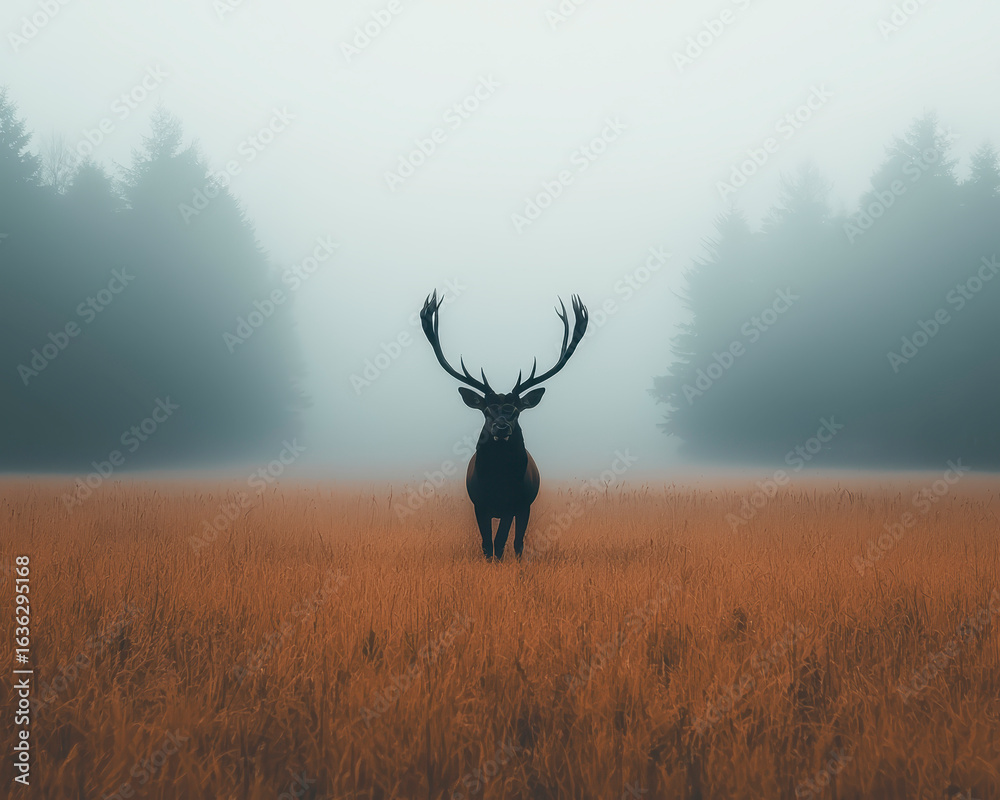 Obraz premium Majestic stag with large antlers stands in foggy meadow, surrounded by tall grass and trees. atmosphere is serene and mystical, evoking sense of calm and wonder