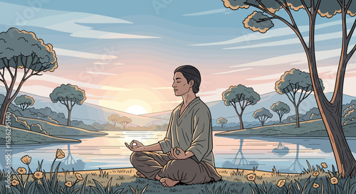 Serene Meditation: A Peaceful Woman Finding Inner Harmony by the Lakeside at Sunrise, Embracing Nature's Beauty.