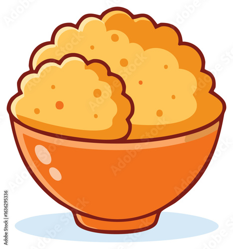Fluffy yellow mashed potatoes or grits in a warm orange bowl cartoon illustration