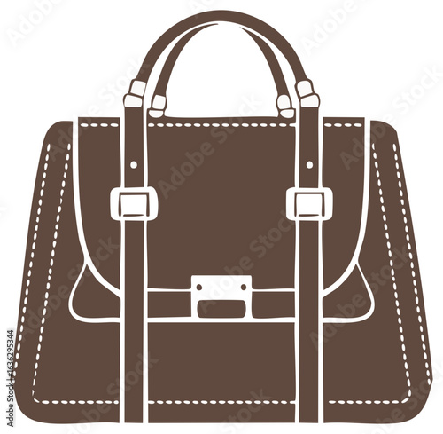 Flat Vector of Brown Leather Satchel with Straps and Stitching Details, Stylish Bag