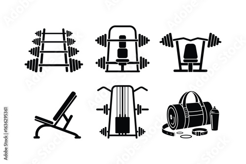 Weightlifting equipment and gym accessories silhouette weight rack barbells