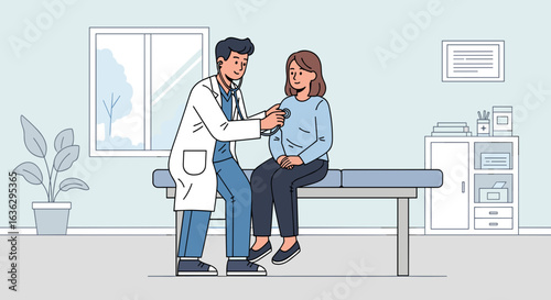Pregnant Woman's Healthcare Checkup: Doctor Examines Fetus with Stethoscope in Clinic Setting Illustration.