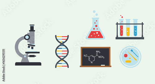 Science and Chemistry Illustration: Microscope, DNA, Flasks, Test Tubes, Blackboard and Petri Dish on Light Green Background