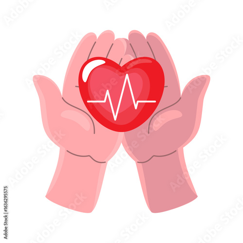 CPR . Hands hold heart with ECG cartoon illustration . Vector .