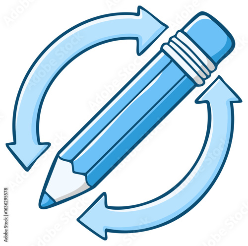 Blue pencil with rotating arrows symbolizing update revision and continuous improvement