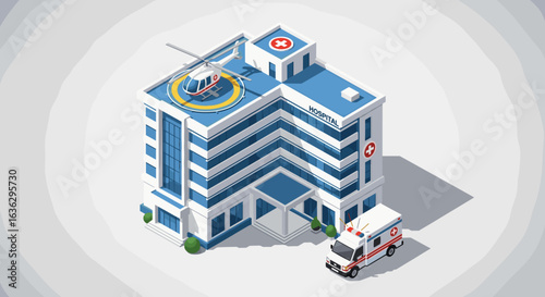 Pixelated Hospital with Helicopter and Ambulance Ready for Emergency Medical Service Response Operations.