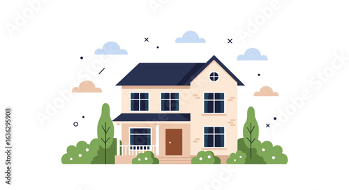Charming two-story family house surrounded by lush greenery and fluffy clouds on a bright sunny day
