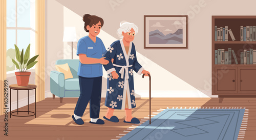Caring Nurse Assisting Elderly Woman with Walking in a Cozy and Sunlit Living Room Illustration