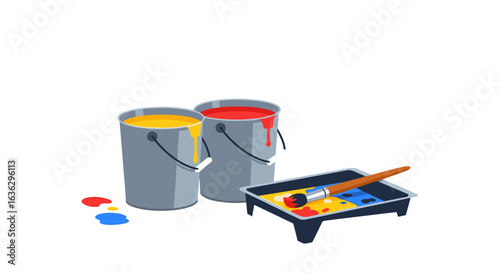 Two buckets of paint yellow and red with a paint roller tray and brush