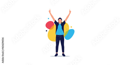 A person celebrating with raised arms and a bright background signifying joy and achievement in a modern graphic style