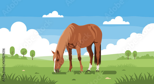 Brown Horse Grazing in a Serene Green Meadow under a Blue Sky Cartoon Illustration