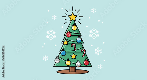 Festive Christmas Tree Vector Illustration with Ornaments Against a Light Blue Snowy Background.