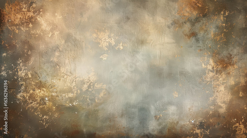 Light studio backdrop with blue, golden and brown tones. Painted canvas background on the wall