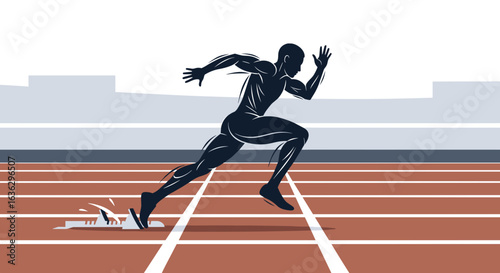 Energetic Athlete Launching from Starting Block in Dramatic Sprint on Track Illustration.