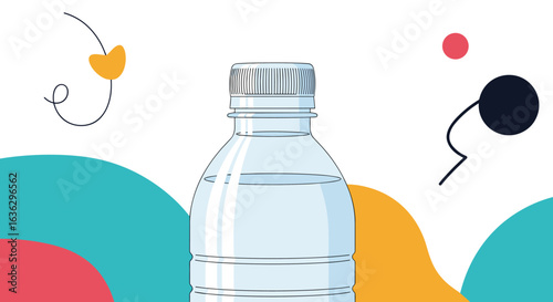Clear refreshing water in a transparent plastic bottle with a silver cap surrounded by colorful abstract shapes and lines