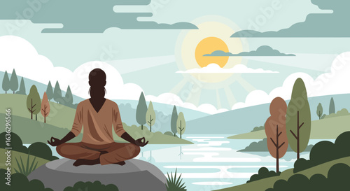 Serene Meditation: African American Woman Finding Inner Peace by a Tranquil River Landscape at Sunrise