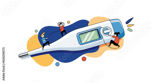 Tiny people with vr headsets measuring fever on giant thermometer with abstract shapes and splashes background representing health and medical concept