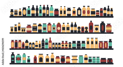 An extensive collection of various glass jars and bottles arranged on shelves in a store or pantry